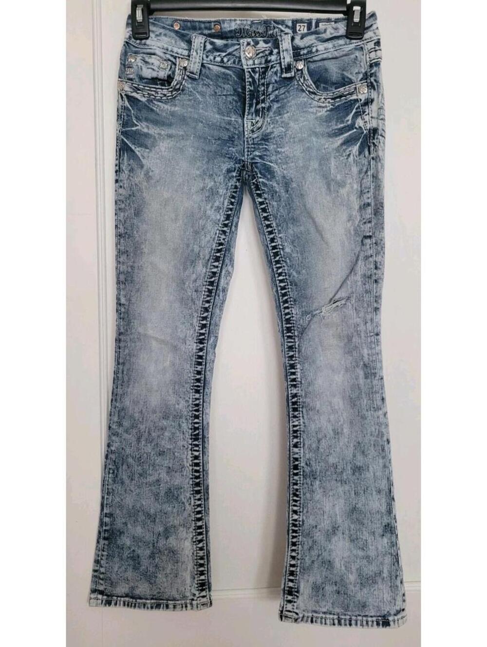 Miss Me Acid Wash Bootcut Jeans Size 27 Embellished Wing Pocket Denim